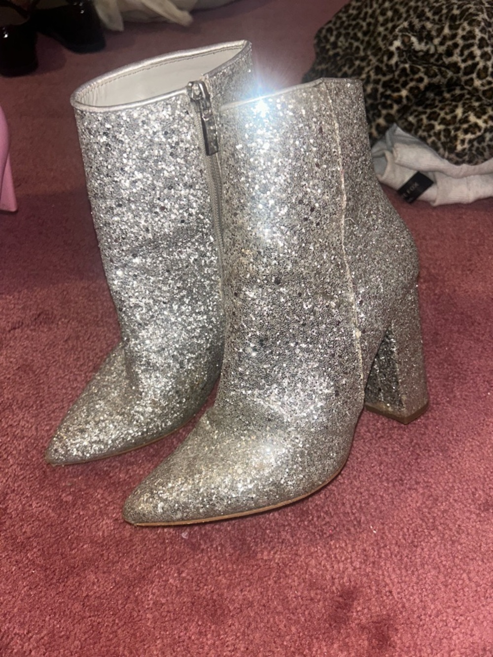 Silver Glitter Pointed-Toe Ankle Boots
